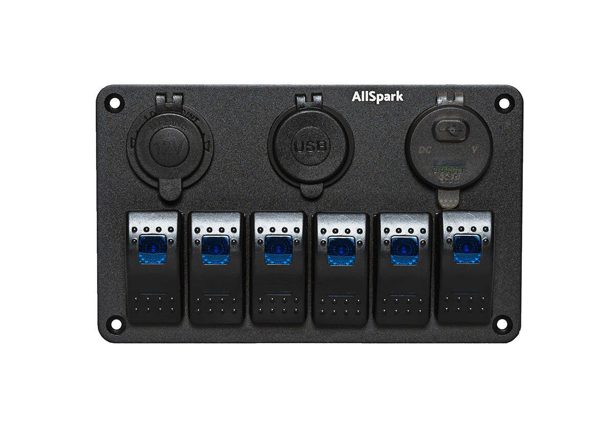 AllSpark 6 Way switch panel with Cig, Dual Blue 2.4A USB & QC 3.0 with volt meter